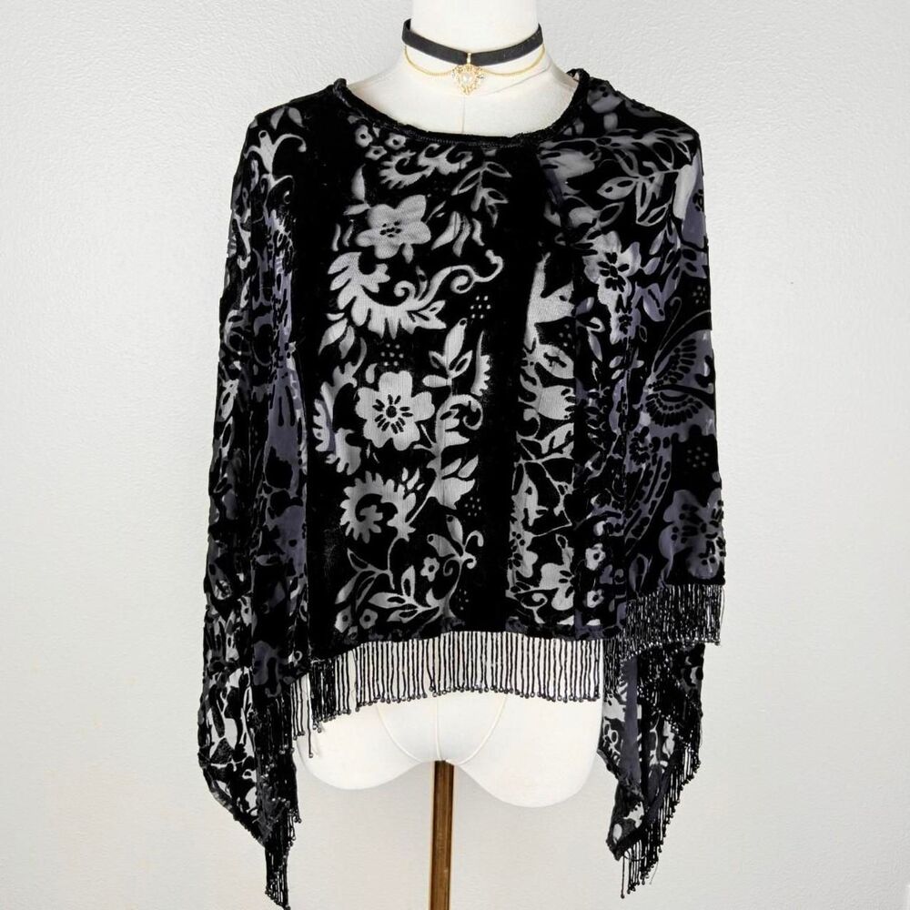 Y2K Velvet Beaded Burnout Fringe Gothic Shawl